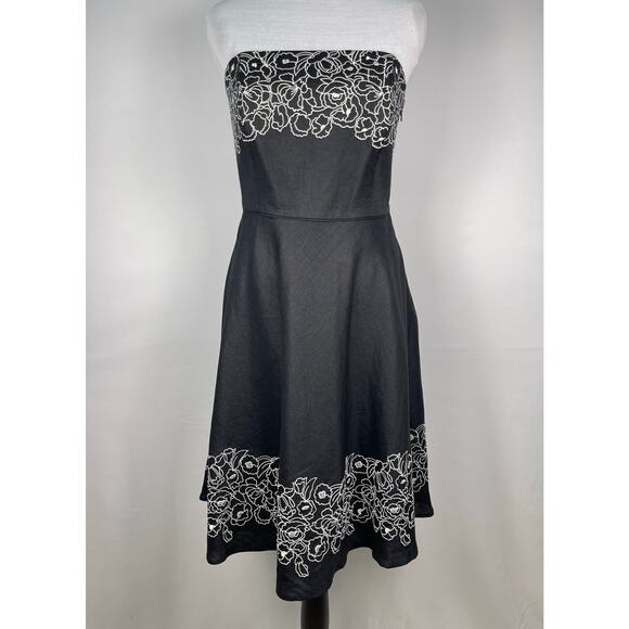 NWT LOFT Ann Taylor Strapless Floral Embroidered ALine Dress Black Linen Size 8P - Picture 1 of 11